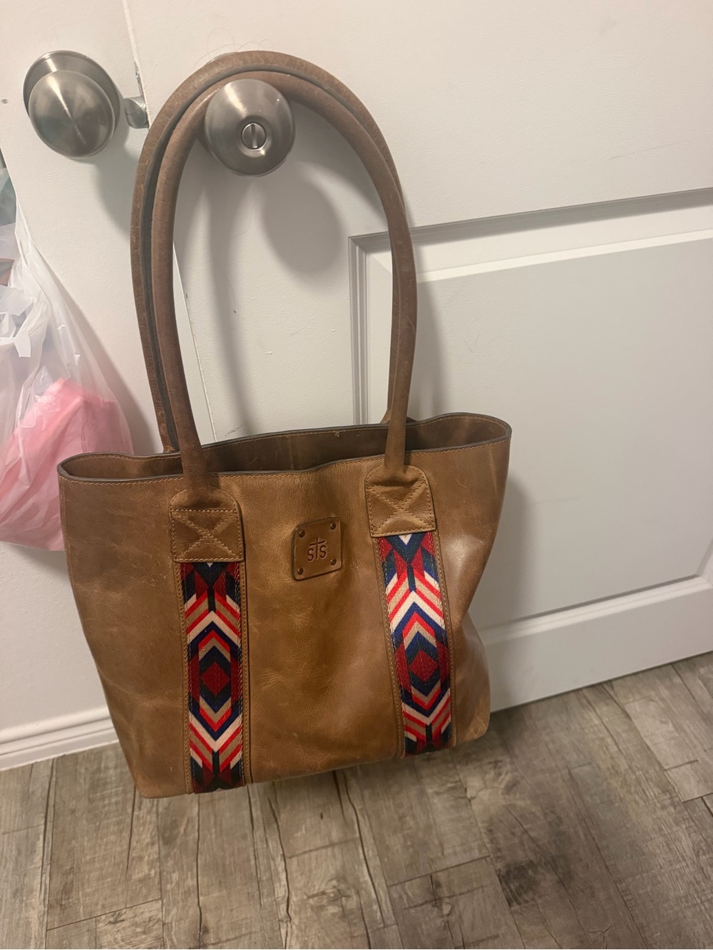 STS Brown Leather Tote Bag with Red & Blue Accent Straps